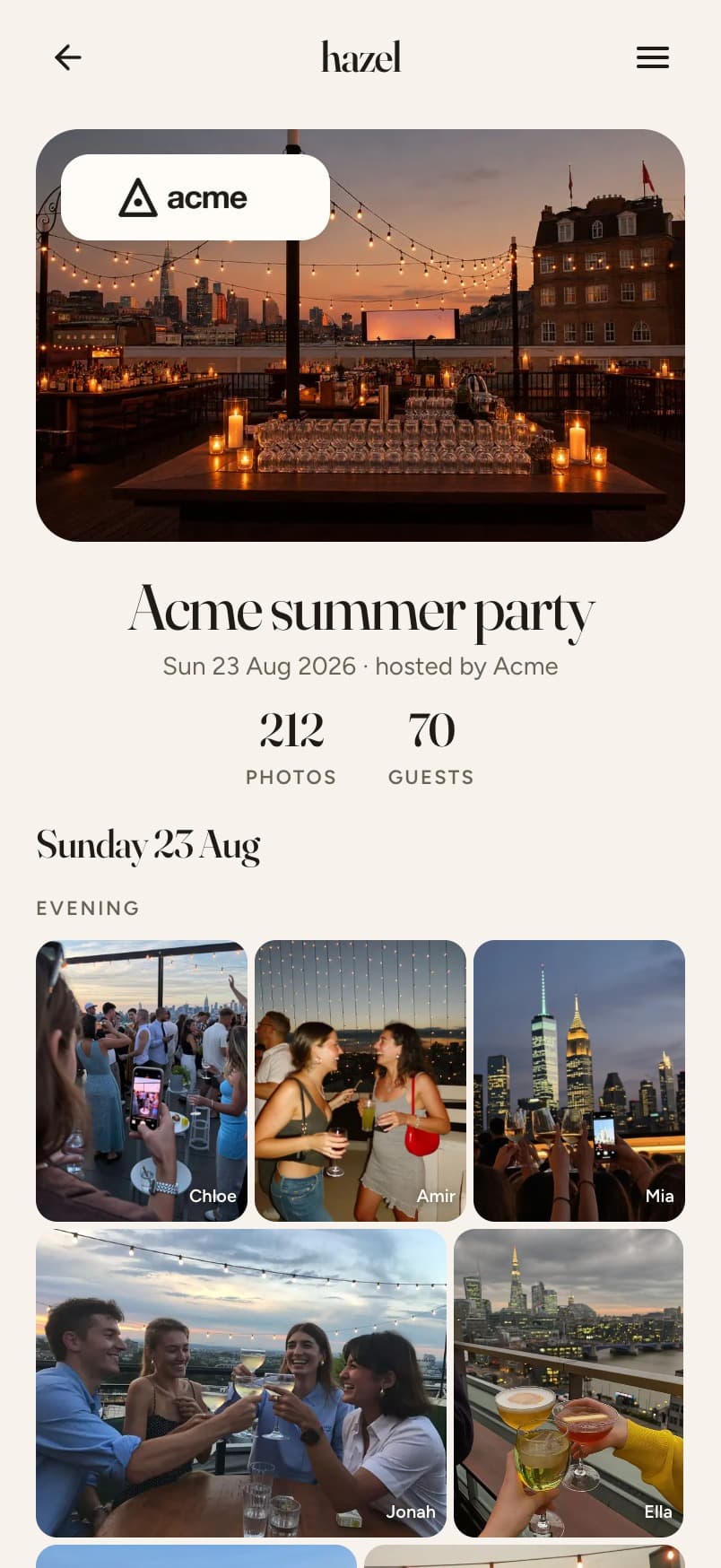 A business Album: Acme product launch with the Acme logo, photos and people, the grid