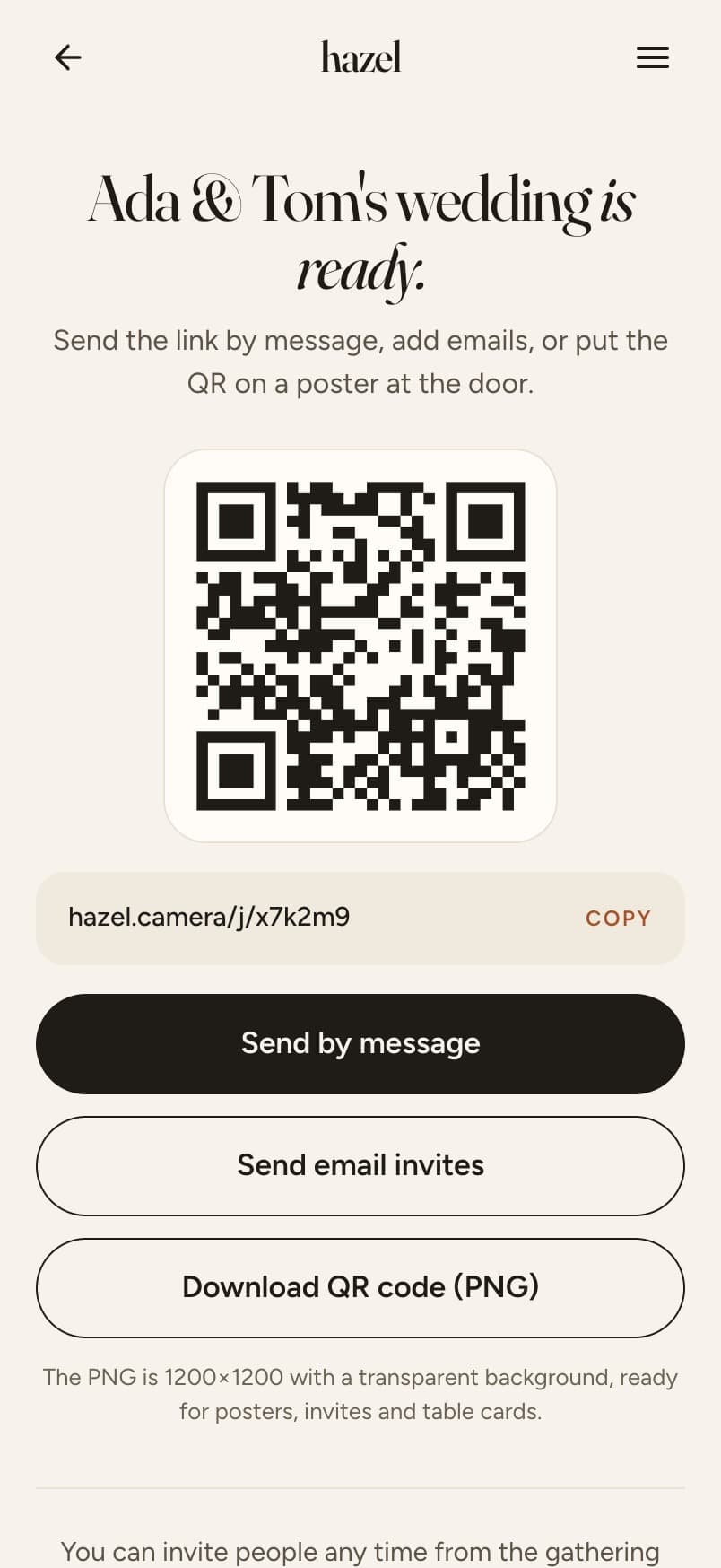 The gathering is ready: QR code, link, send by message, email invites