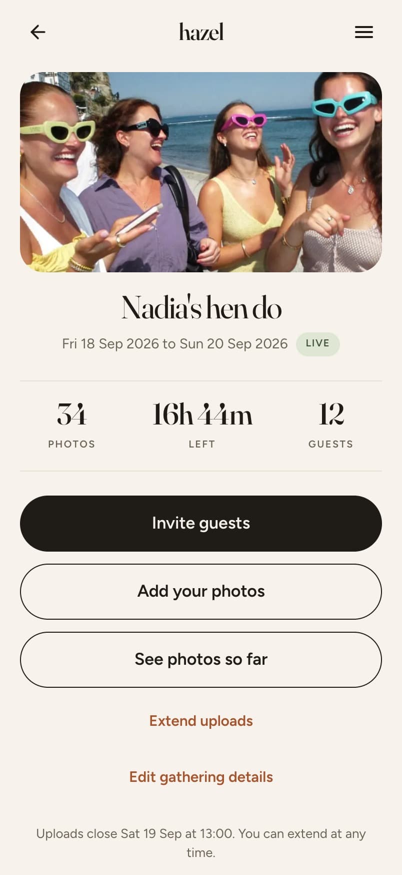 A live gathering: photos so far, time left, guests
