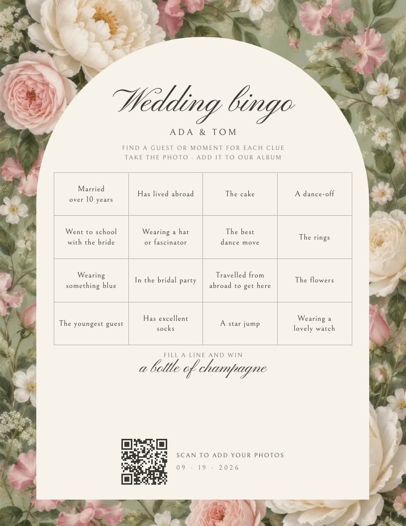 An Arch on florals wedding bingo card at Letter