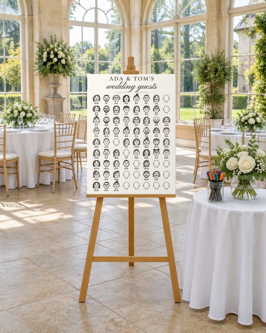 A draw-yourself guest book on an easel at a wedding: rows of printed faces, many drawn on by guests with their names, Ada & Tom's wedding guests at the top, pens on the table beside it