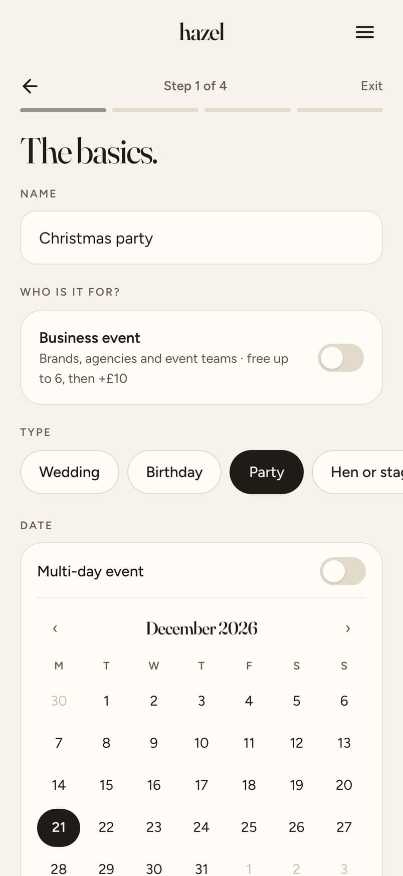 Step 1 of creating an event: name, who it is for, type and date