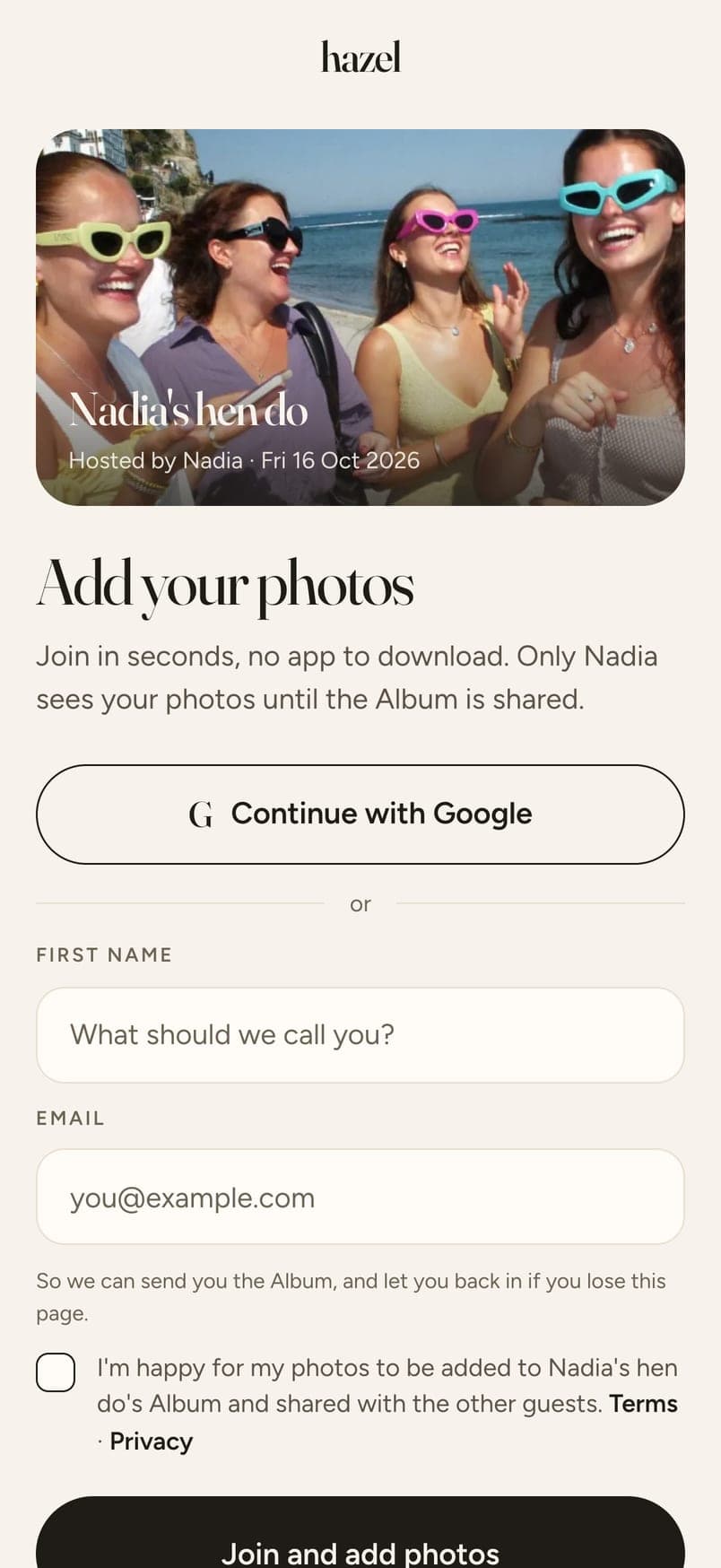 The join page a guest sees: the event, Add your photos, a first name and an email, no app