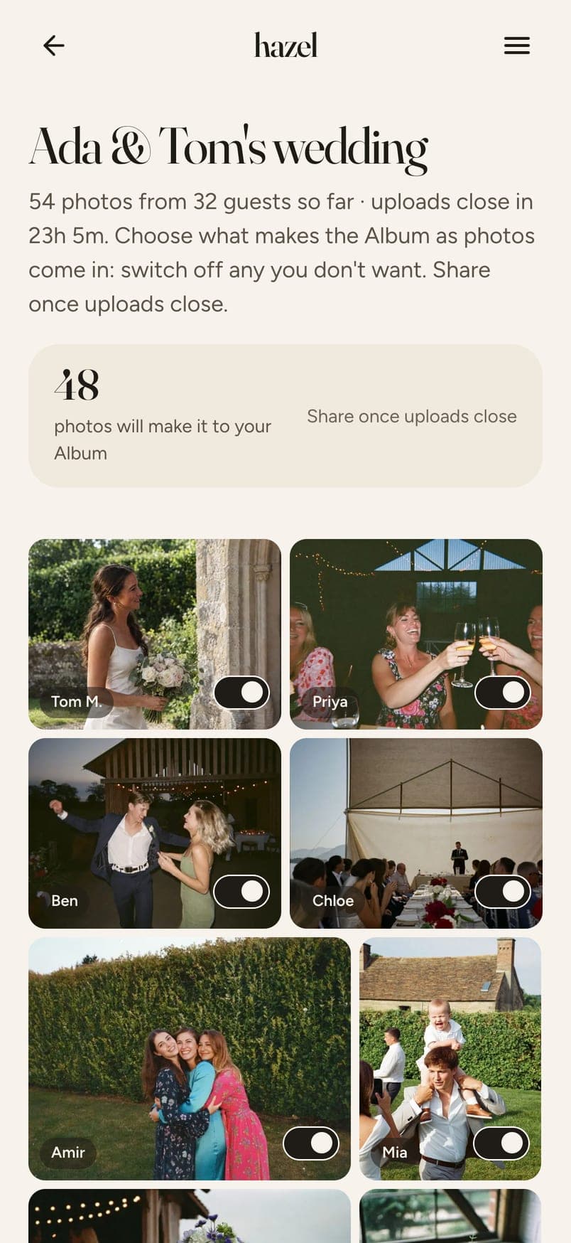 Curating Ada & Tom's wedding: one switch per photo