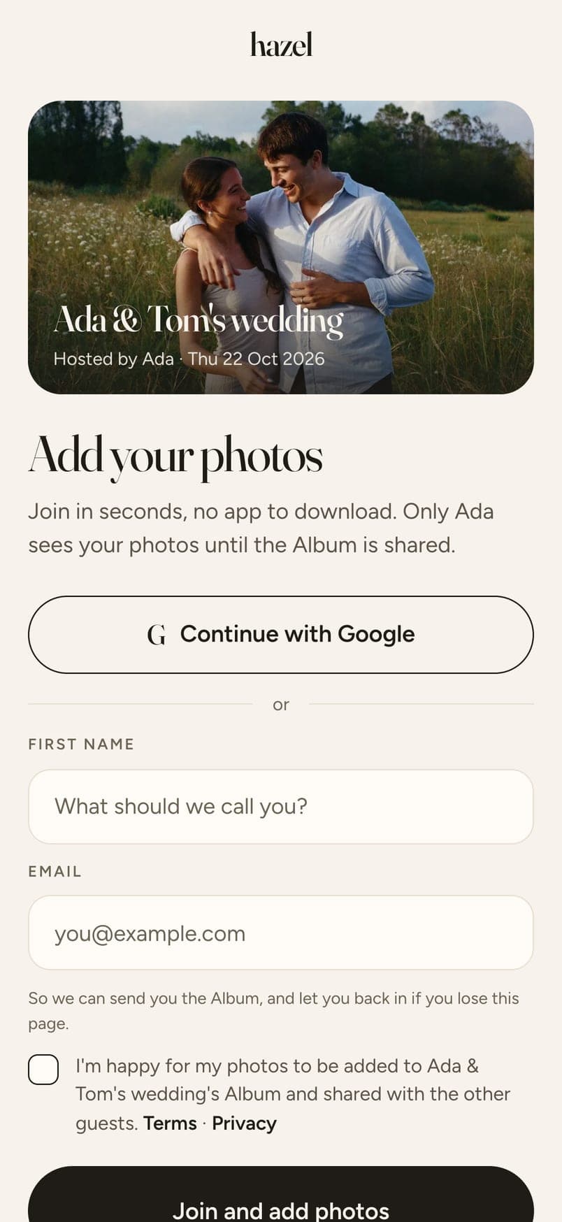 The join page a guest sees after scanning: the wedding's cover photo, Add your photos, a first name and an email