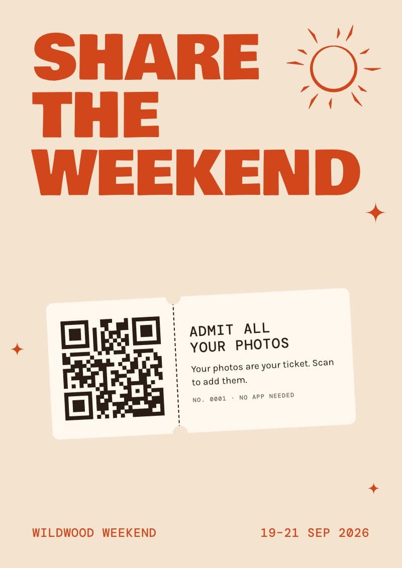 Share the weekend, a festival-ticket QR sign with the couple's names