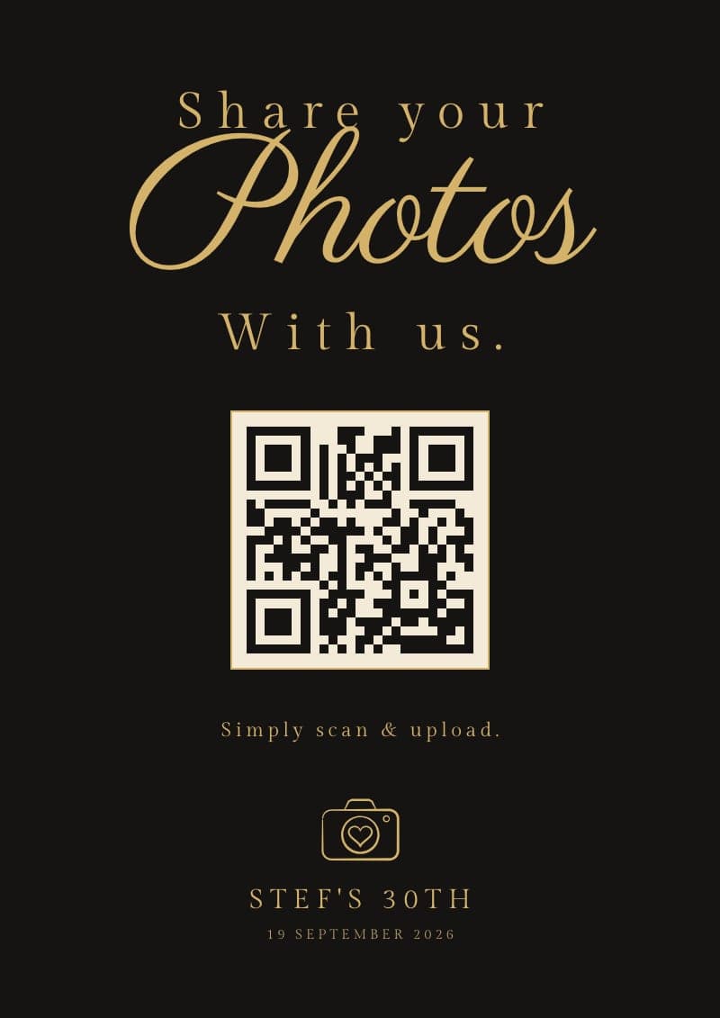 The Share your photos QR code sign in Black & gold