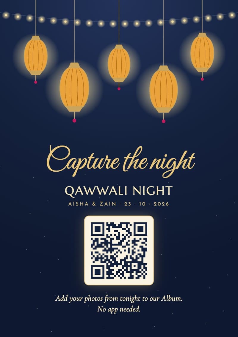 Capture the night, a QR sign under hanging lanterns
