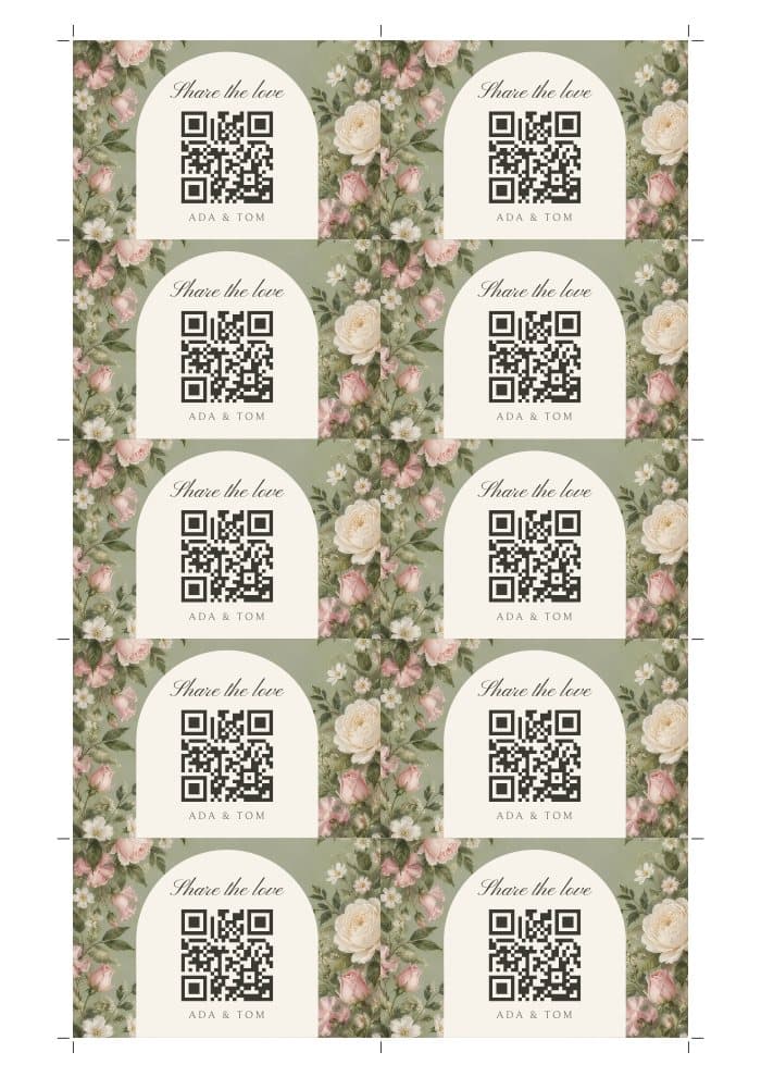 A sheet of ten Arch on florals place cards with cut marks