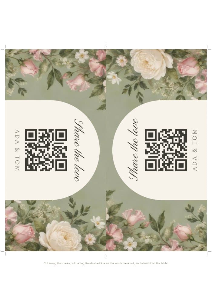 A sheet with an Arch on florals table tent: both sides, cut marks and a fold line